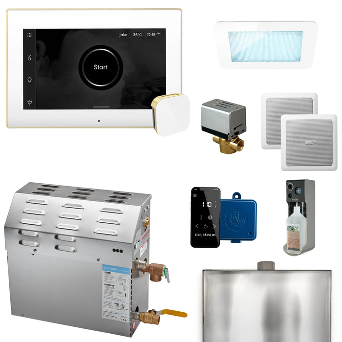 Mr. Steam MS XDream Steam Generator with iSteamX Control and Aroma Glass Steamhead in White Satin Brass