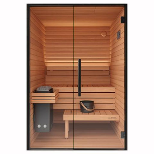 2 person outdoor sauna front view in plain white background