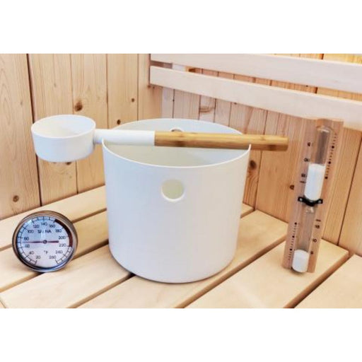 SaunaLife Sauna Bucket and Ladle Timer Thermometer Package 2 white