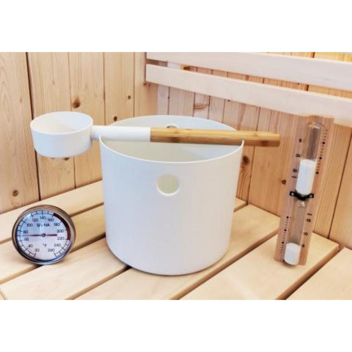 SaunaLife Sauna Bucket and Ladle Timer Thermometer Package 2 white