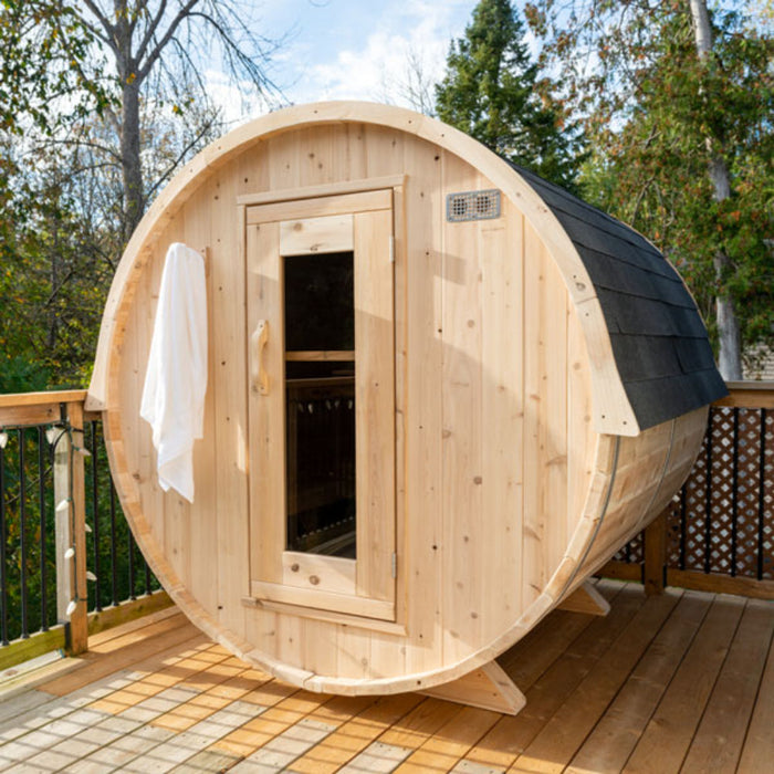 barrel sauna outdoor corner view outdoor