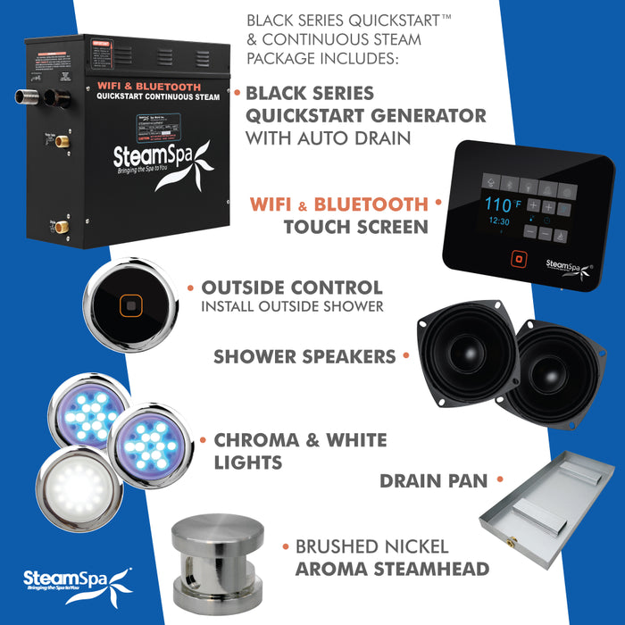 SteamSpa Black Series Wifi and Bluetooth 7.5kW QuickStart Steam Bath Generator Package
