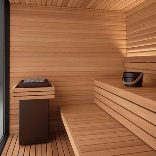 cabin sauna interior view with tub