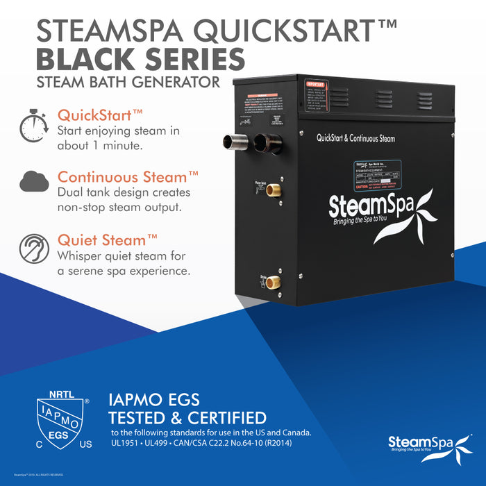 SteamSpa Black Series Wifi and Bluetooth 7.5kW QuickStart Steam Bath Generator Package