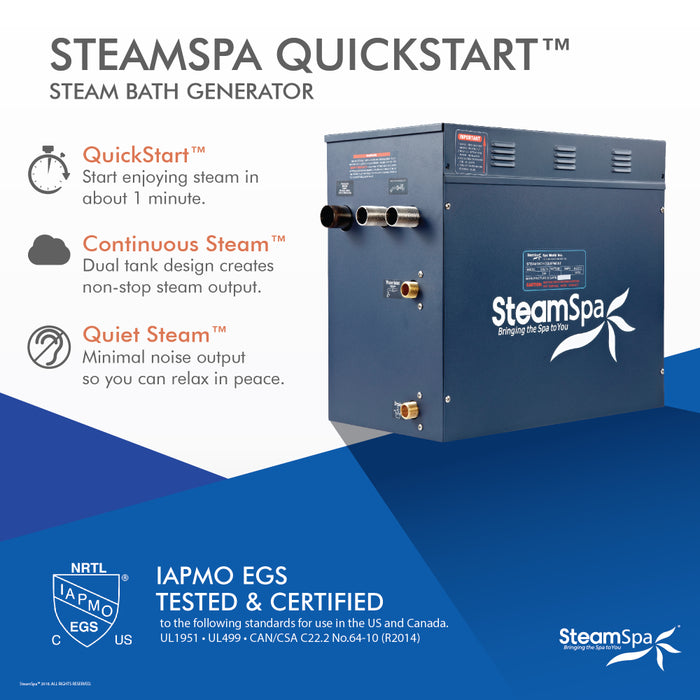 SteamSpa Oasis 12kW QuickStart Acu-Steam Bath Generator Package with Built-in Auto Drain