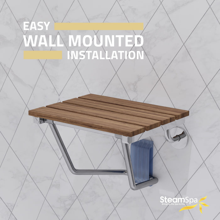 SteamSpa Fit 14.96 Inch Teak Wall Mounted Folding Shower Seat