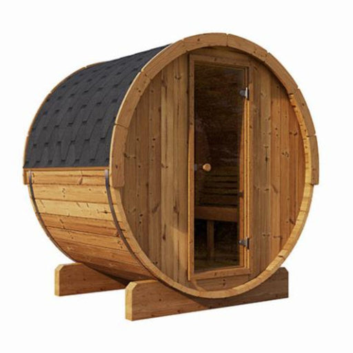 outdoor barrel sauna side view