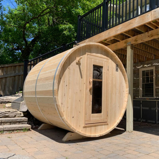 outdoor barrel sauna zoom out corner view