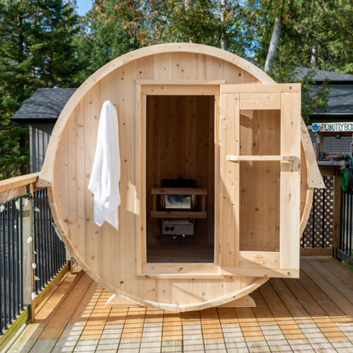 sauna barrel outdoor front view