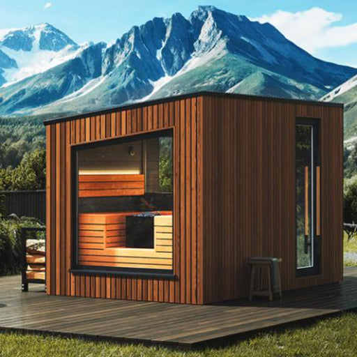 sauna cabin with mountain background