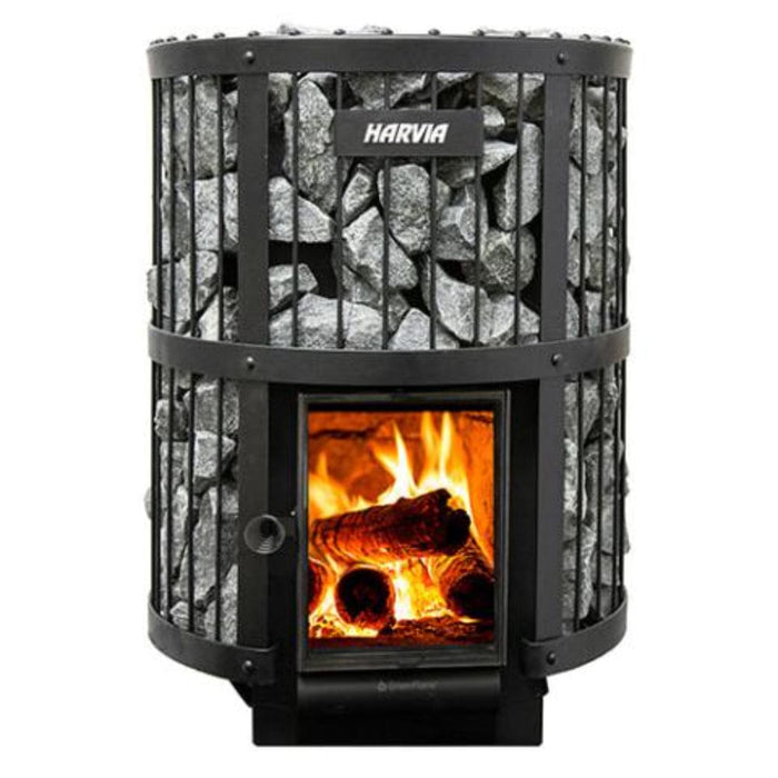 wood stove sauna with flame in white background