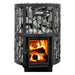 wood stove sauna with flame in white background